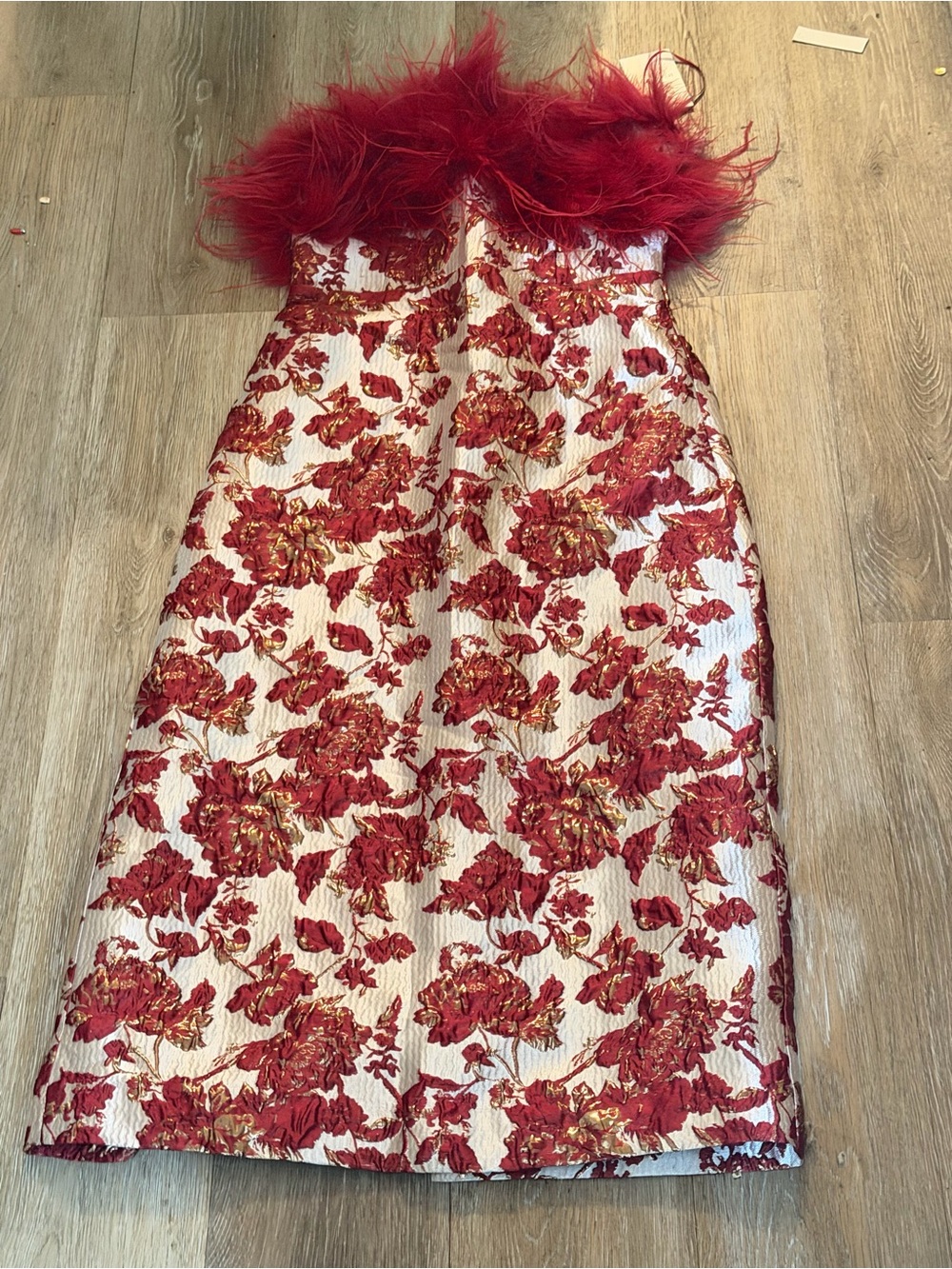 Red Floral Strapless Party Dress with Feather Trim NWT